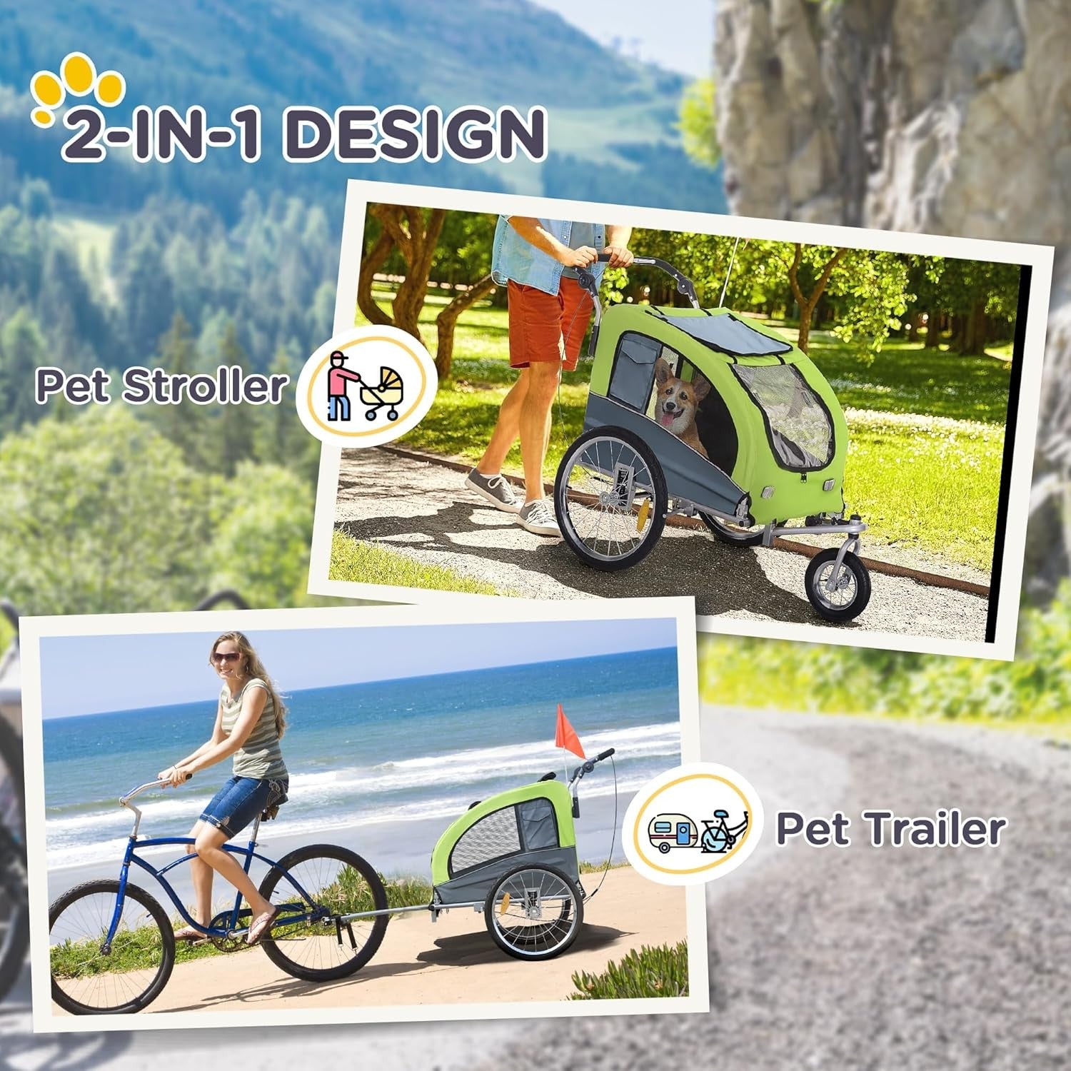 Pet Bicycle Trailer Carrier 3 Wheel Push Pull Water Resistant Dog Pram