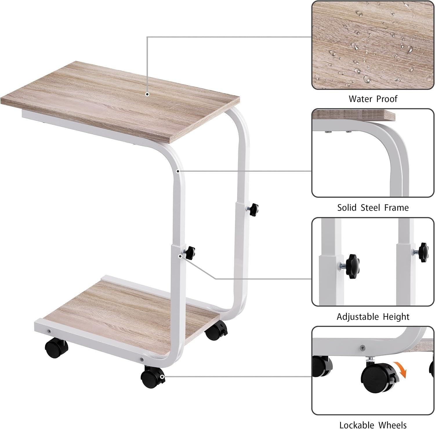 Height Adjustable Side Table – 45x30x65cm End/Bedside Table Oak White