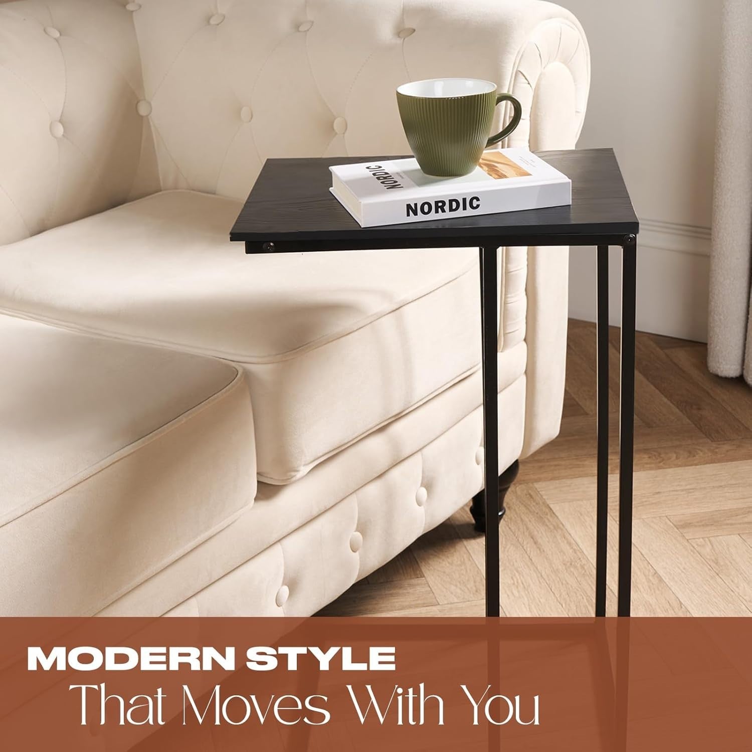 Black Marble C-Shaped Sofa Side Table – Space-Saving Modern End Table