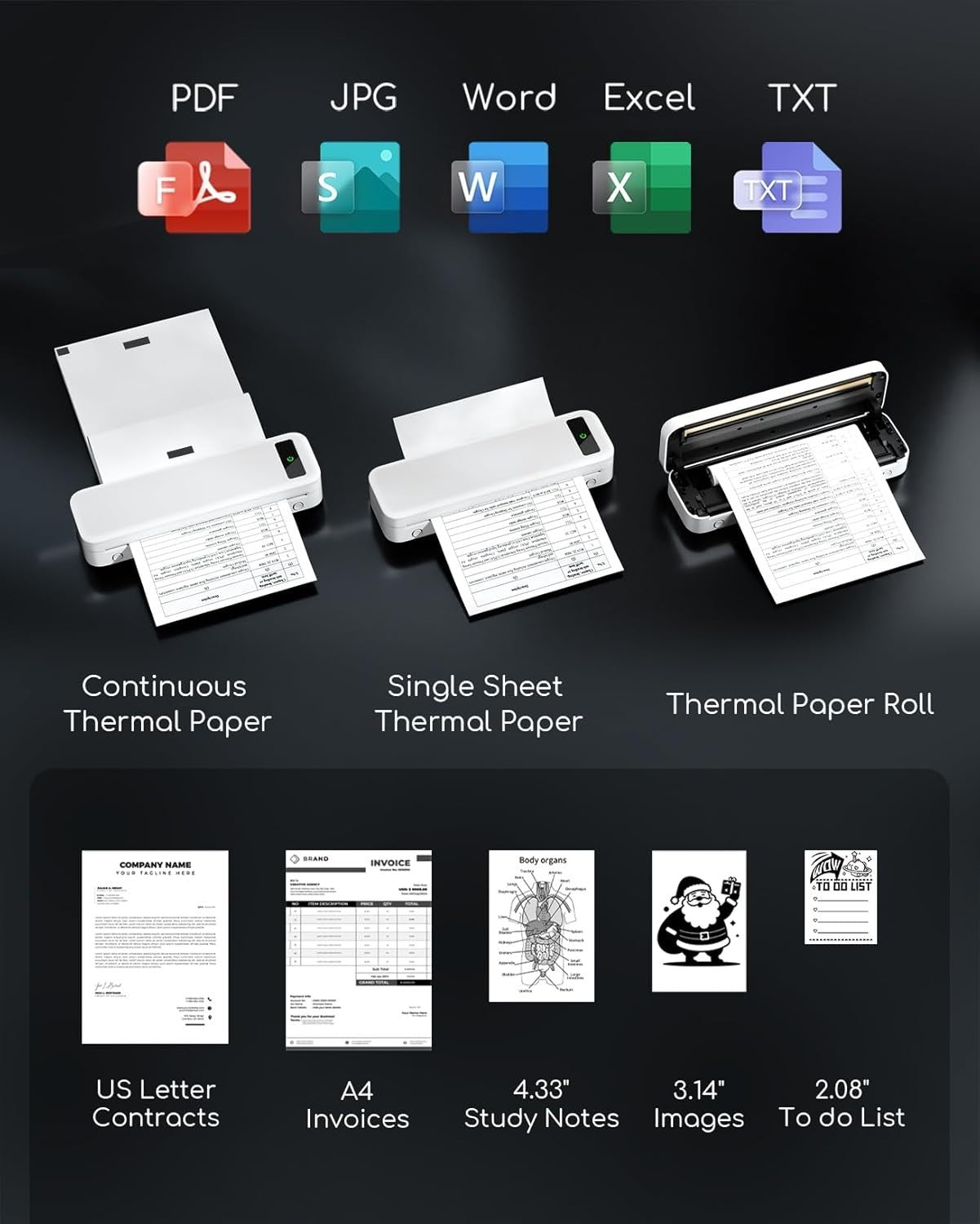 White Portable Thermal Printer A4 Wireless Bluetooth Inkless Receipt Printer