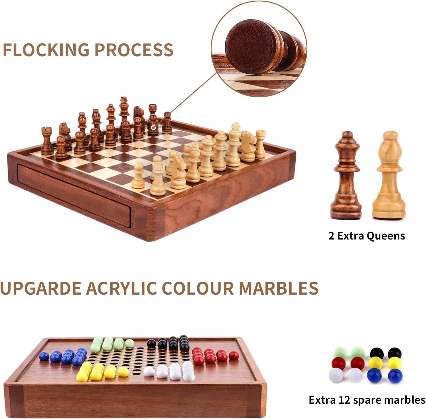 2-in-1 Wooden Magnetic Chess & Chinese Checkers Set with Storage Drawer