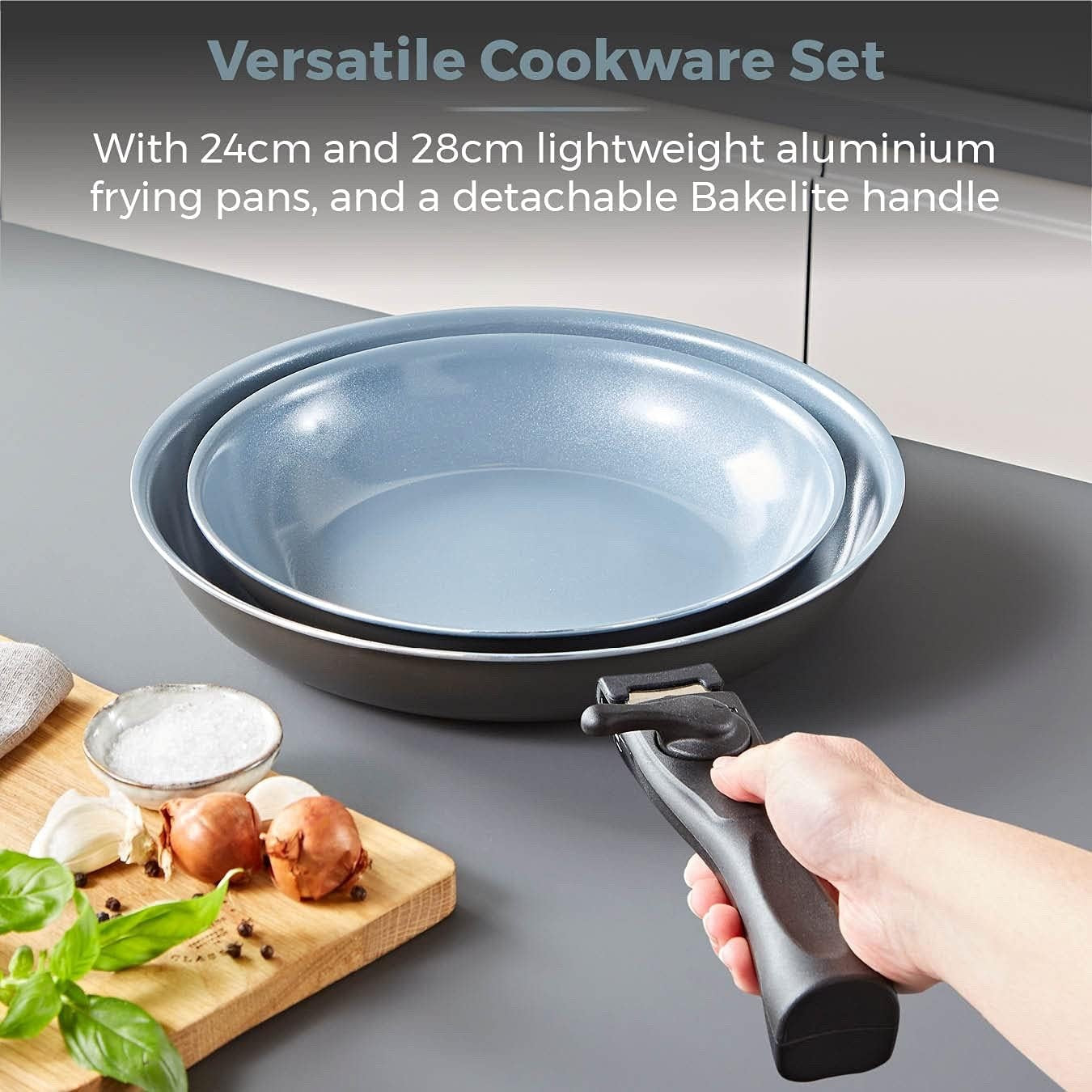 3Pcs Grey Ceramic Non Stick Frying Pan Set – 24 & 28cm with Detachable Handle