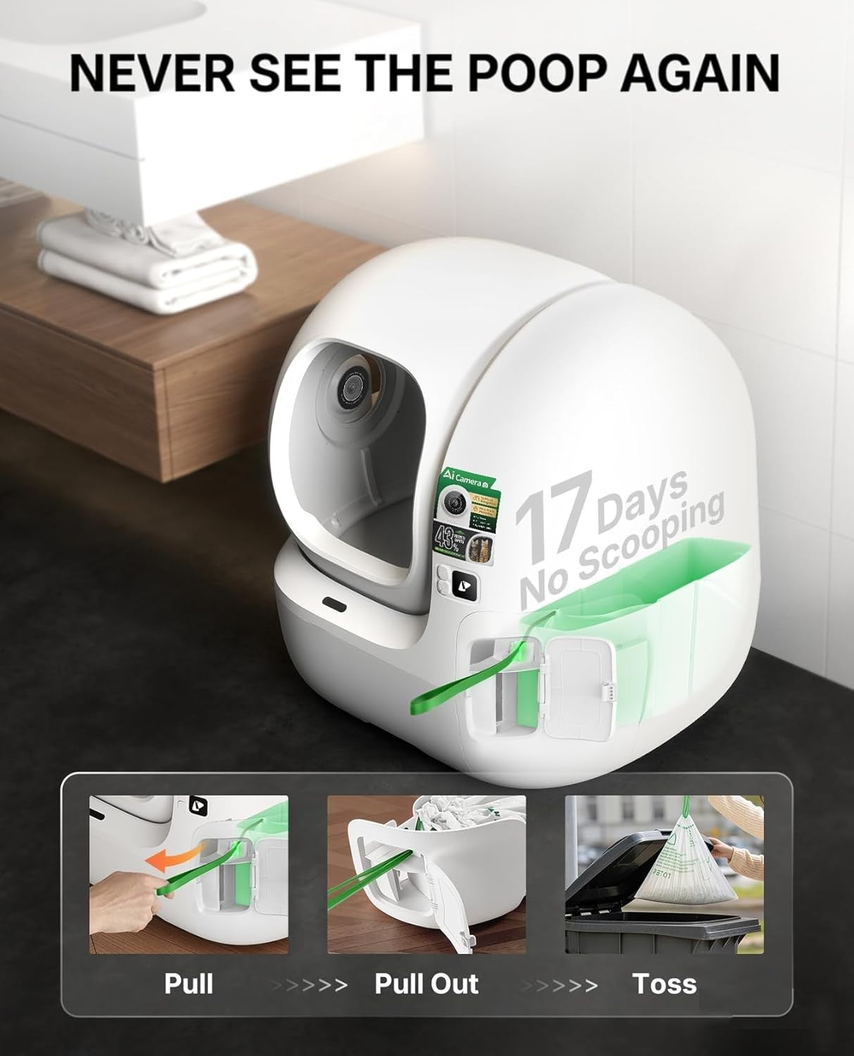 AI Self Cleaning Cat Litter Box Camera App Control 76L Multi Cat