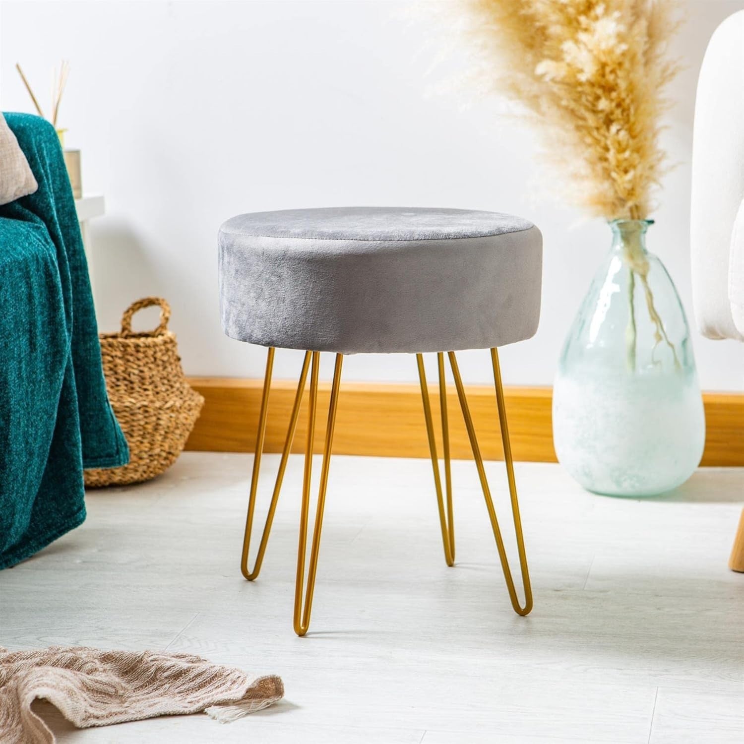 Set of 2 Grey Velvet Footstools Gold Legs Modern Round Pouffe Seats