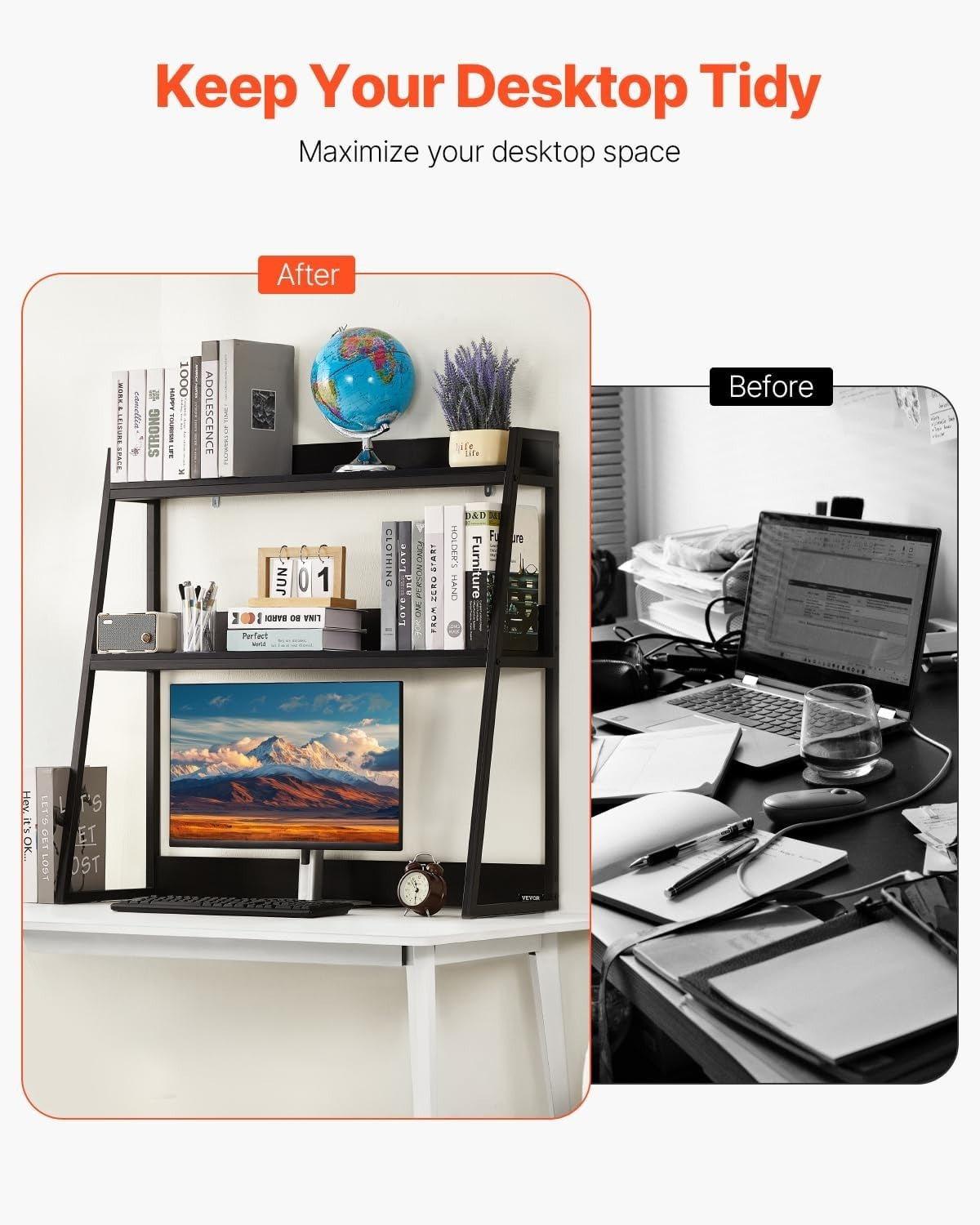 Black 2-Tier Desktop Bookshelf 95cm Desk Hutch Organiser for 32" Monitor