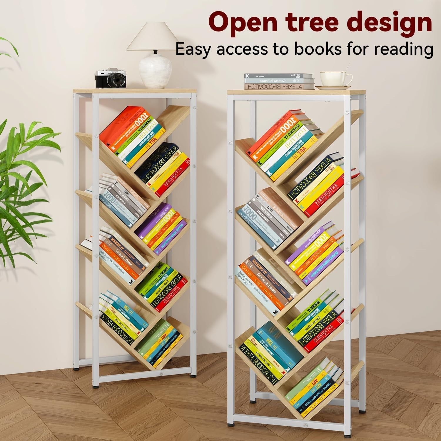 9-Tier Tree Bookshelf Wooden Floor Standing Corner Bookcase Narrow Space