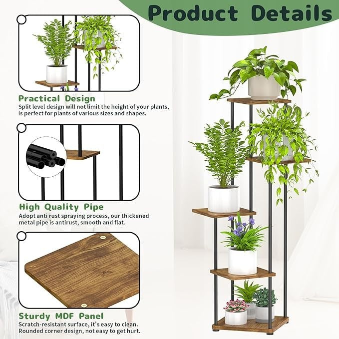 5 Tier Tall Metal & Wood Plant Stand Indoor Outdoor Multi-Shelf Flower Rack