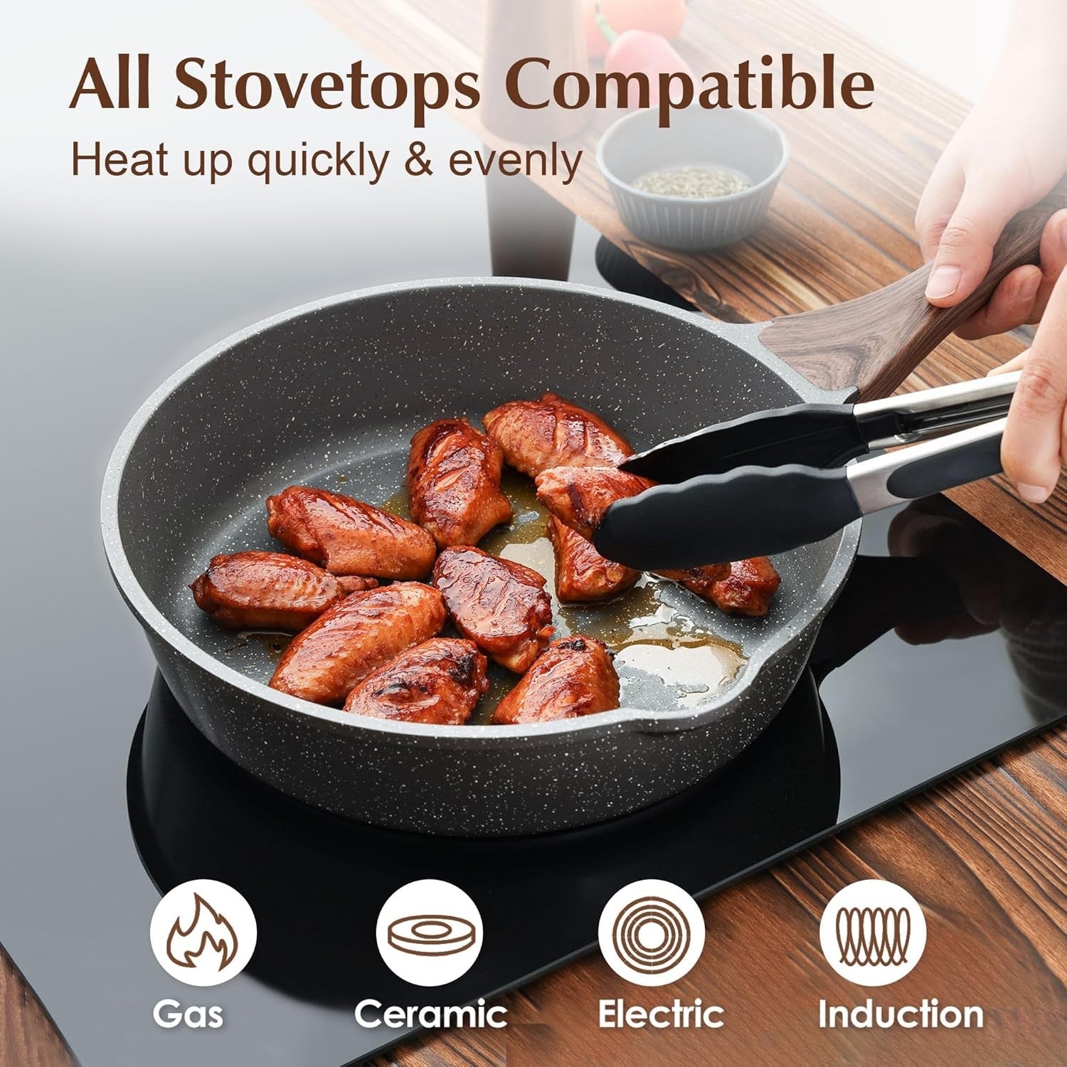 26cm Grey Deep Non stick Saute Pan with Lid 4L  Skillet Induction Compatible
