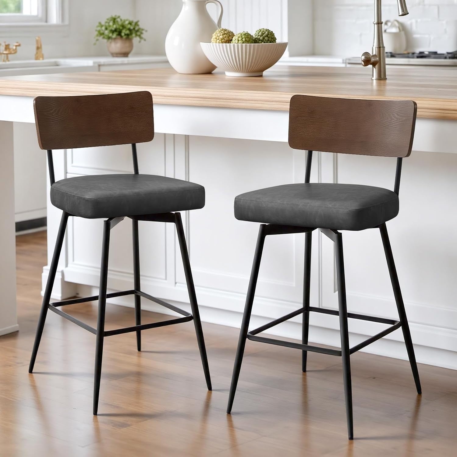 Grey Wood Back Swivel Bar Stools Set of 2 | PU Leather Counter Chairs