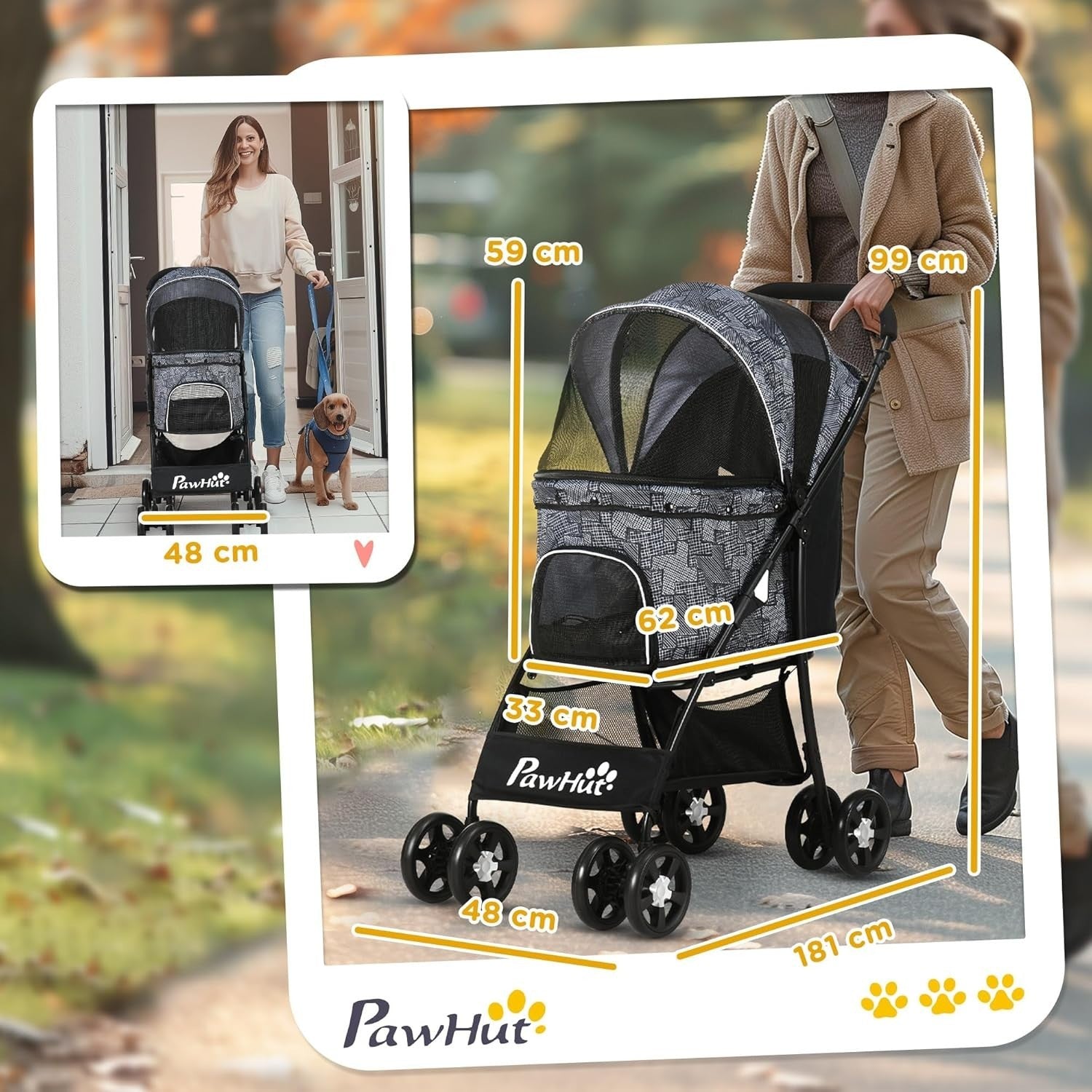 Foldable Dog Stroller Pet Pushchair with Brakes Basket for Small Dogs