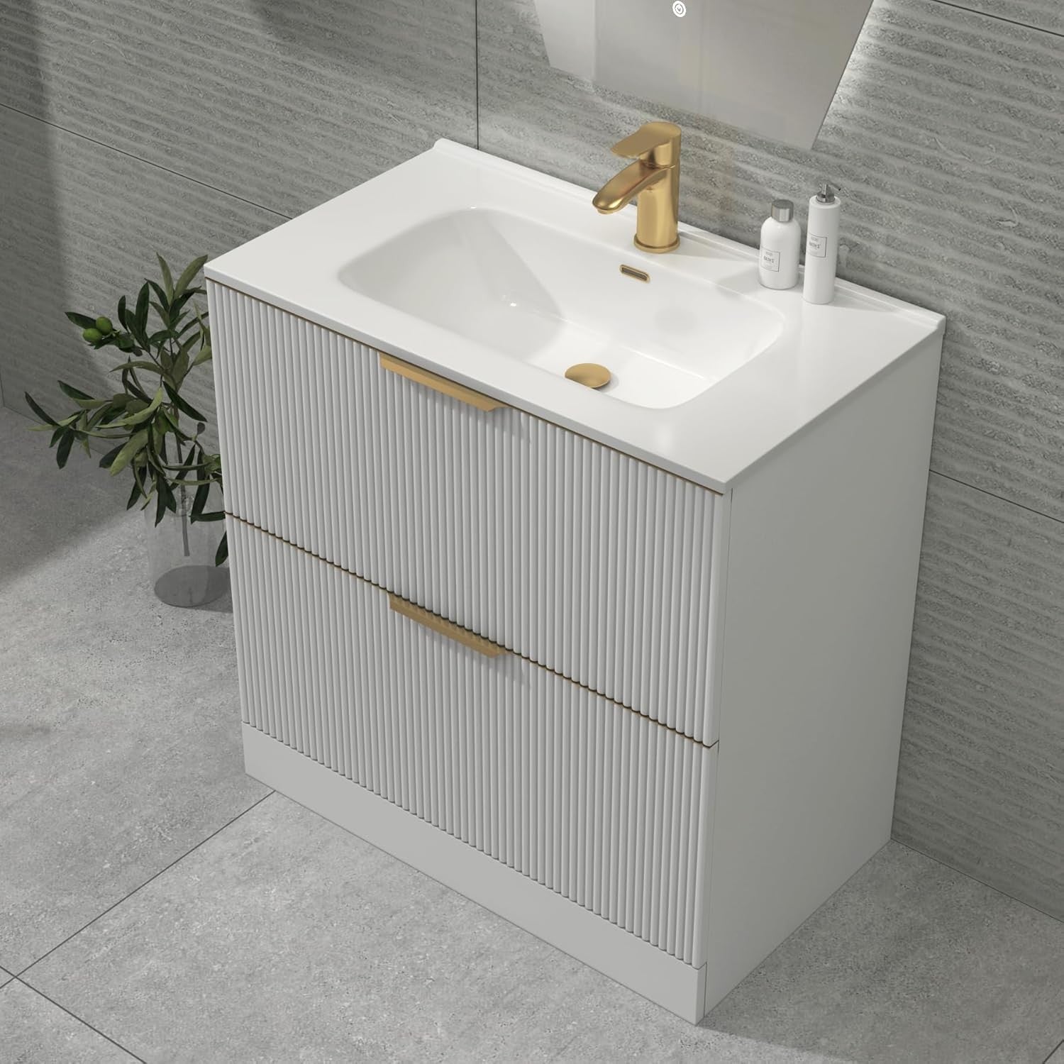 White 800mm Fluted Bathroom Vanity Unit with 2 Drawers & Basin Brass Handles