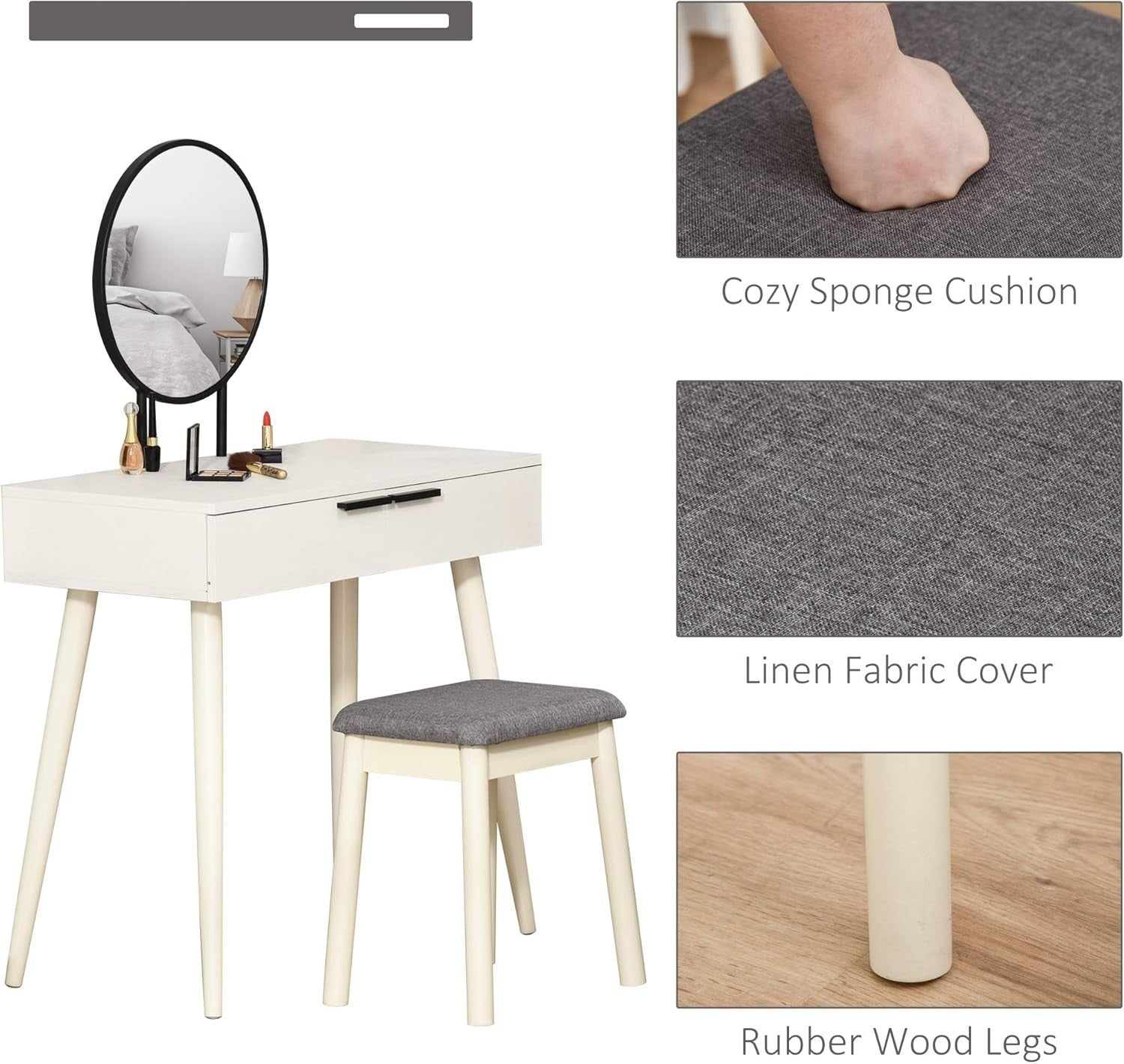 White Dressing Table Stool Set Mirror Drawers Makeup Vanity Desk Bedroom
