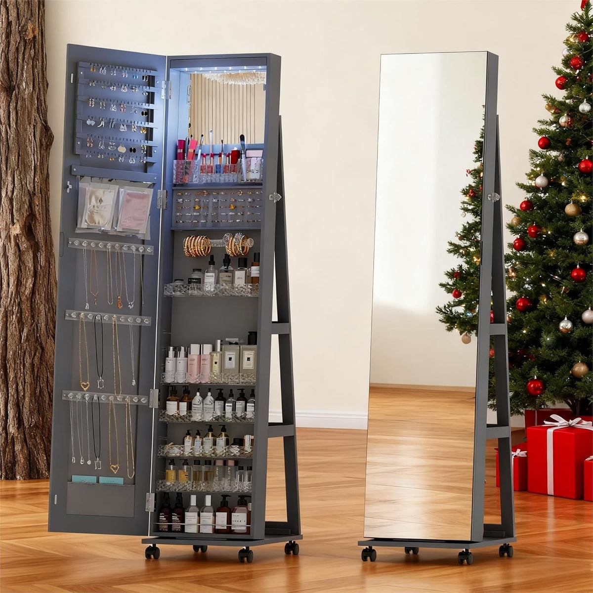 Grey 360° Swivel LED Jewelry Cabinet Mirror Lockable Rolling Storage