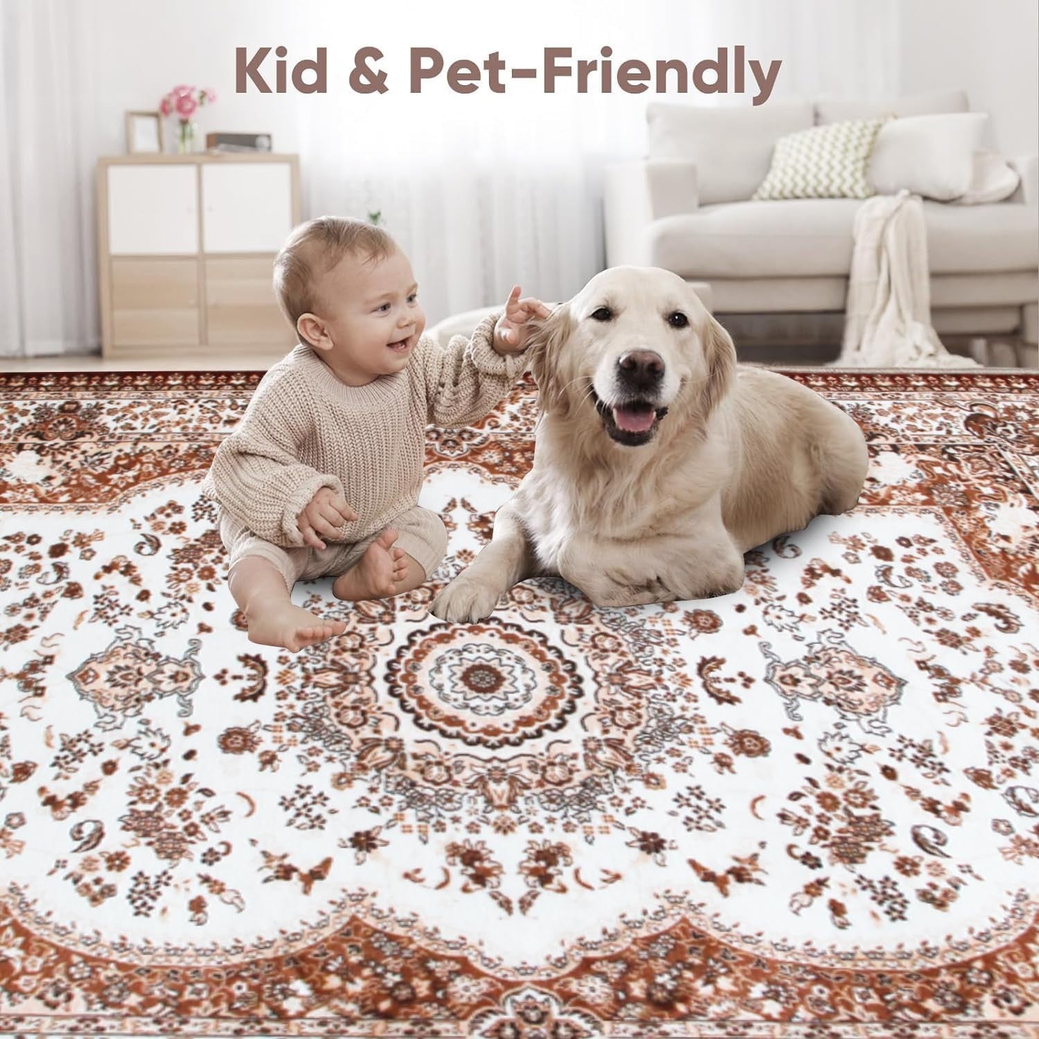 Beige Vintage Area Rug 160x230cm Non Slip Washable Low Pile Living Room
