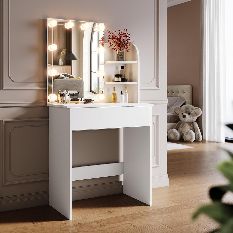 Hollywood Vanity Dressing Table Mirror Set Drawer Shelf Makeup Desk White