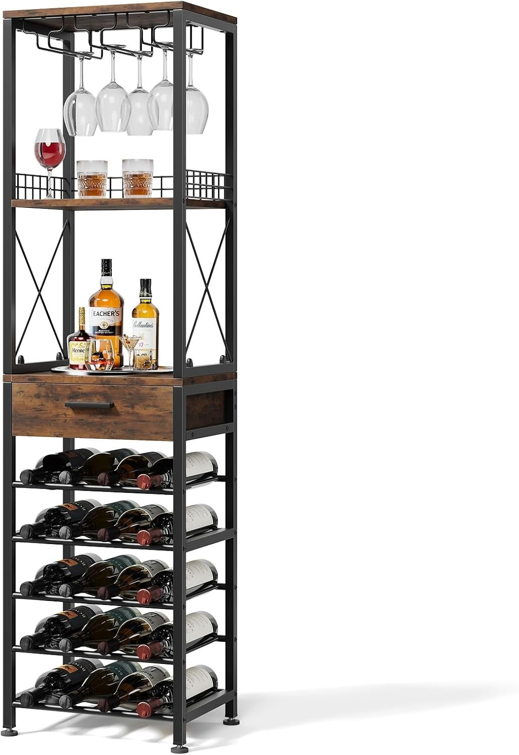 Tall Wine Rack Shelf with 20 Bottle Storage & Glass Holder Industrial Bar Unit