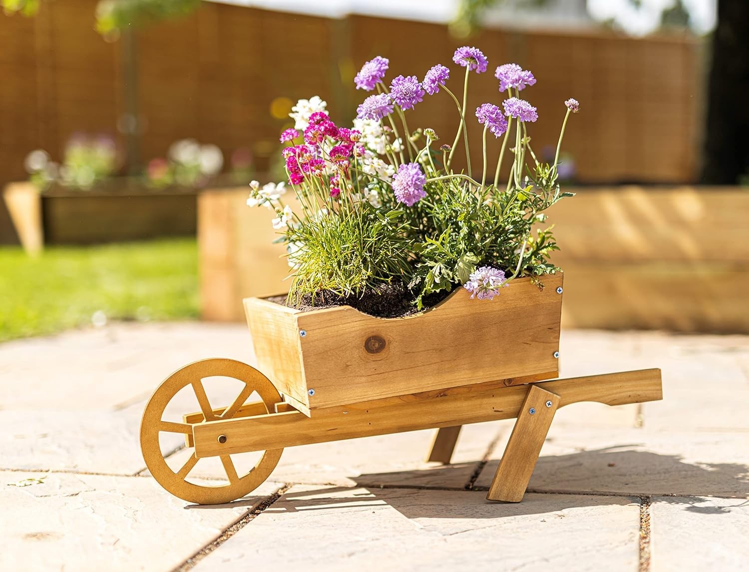 Large Wooden Wheelbarrow Planter – Pine Wood Garden Flower Box Rustic Decor