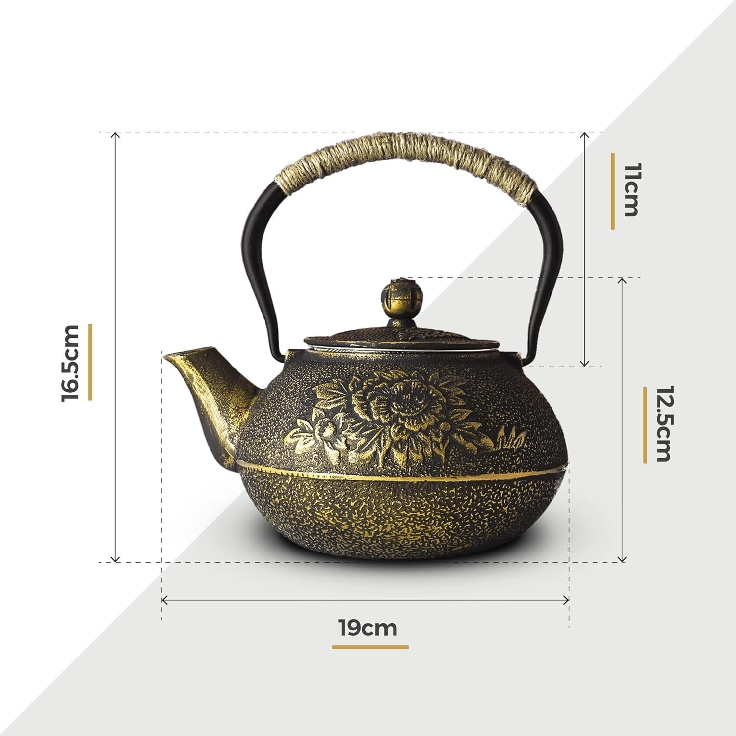 Cast Iron Teapot 1200ml Chinese Tetsubin Tea Pot w Infuser Black Gold