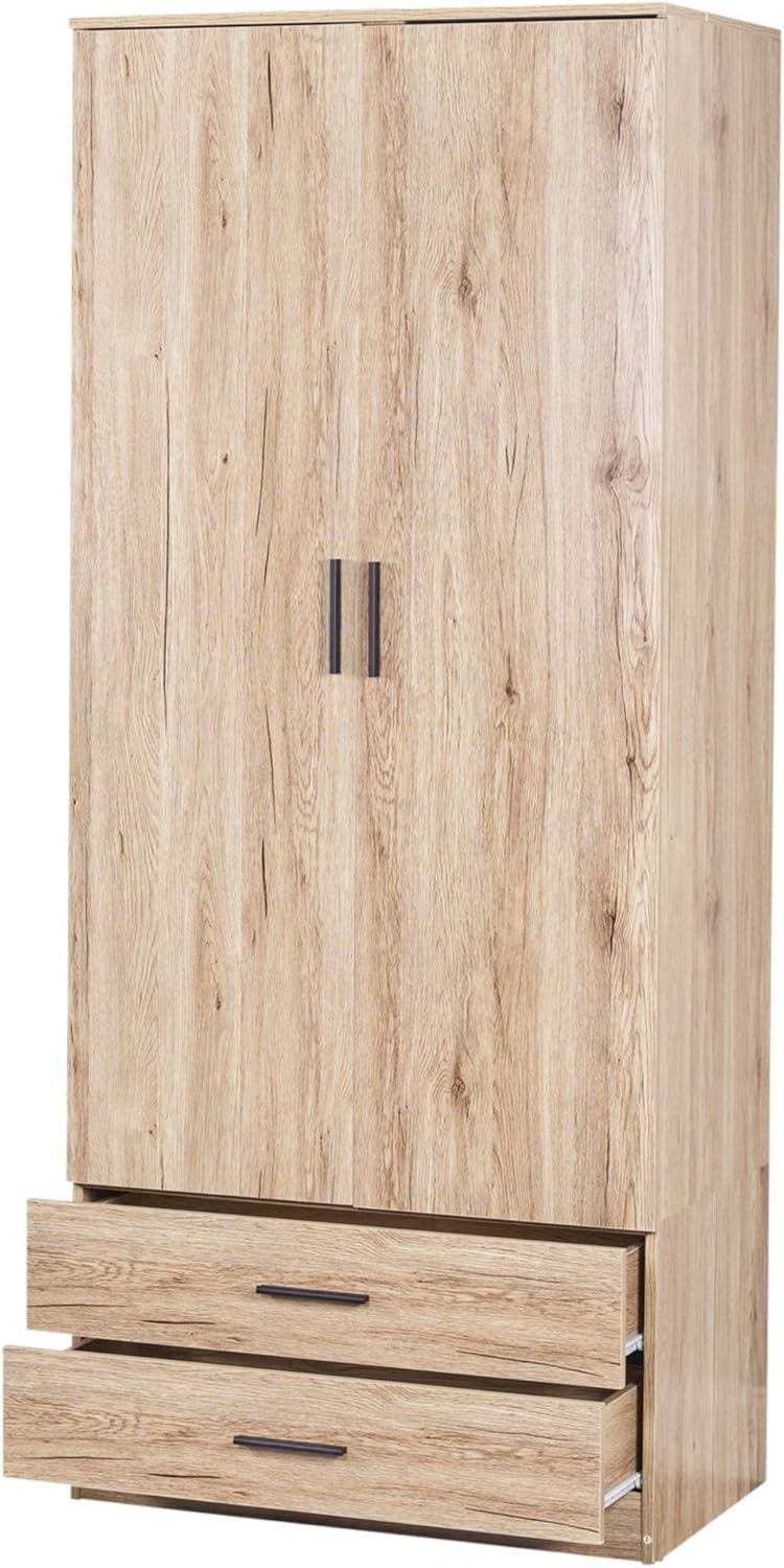 Modern Oak 2 Door Wardrobe with Drawers | Bedroom Storage & Hanging Rail