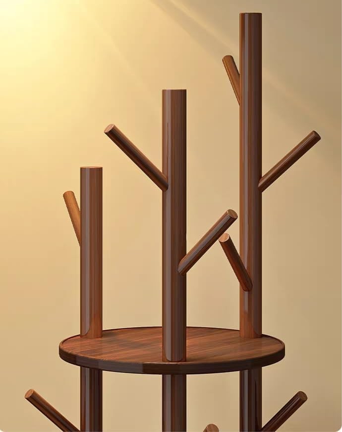 360° Rotating Wooden Coat Rack Stand with Shelf Solid Wood Hall Tree 165cm