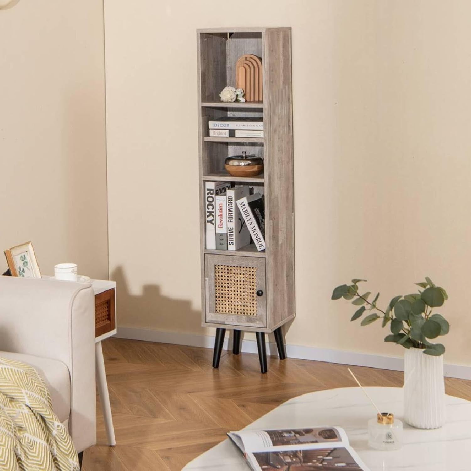 Slim Tall Grey Bookcase with Cabinet 6-Tier Adjustable Shelves for Home Office