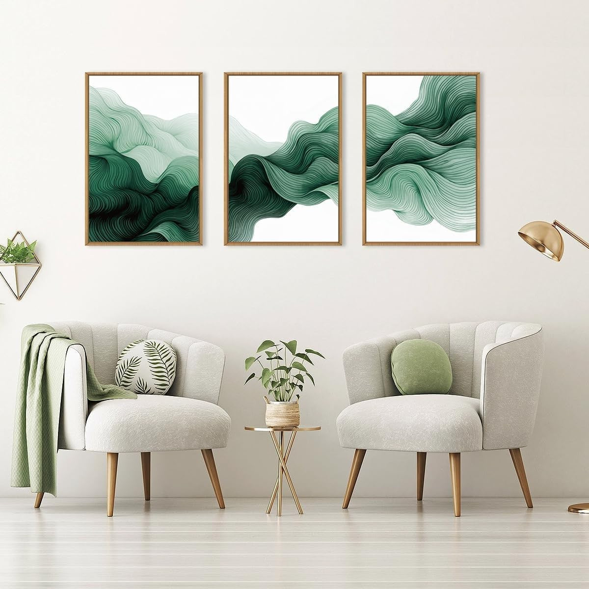 Large Green Abstract Canvas Wall Art Set 3 Modern Minimalist Prints