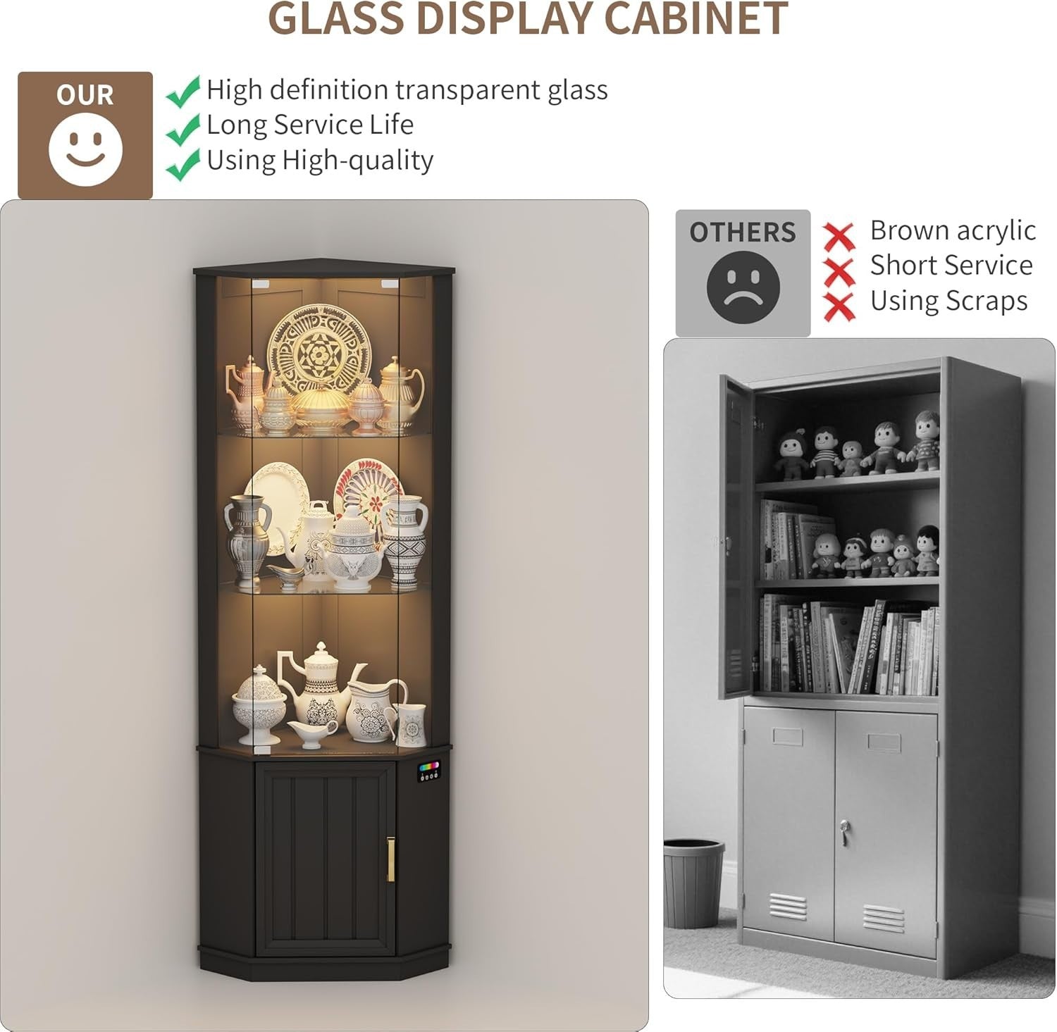 3-Tier Glass Display Cabinet with Motion Sensor & RGB Lights, 69" Corner Shelf