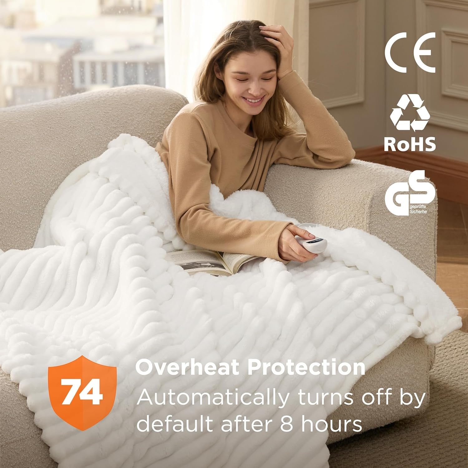 Cream Striped Electric Heated Throw Blanket 6 Heat Timer Fast Warm 160x130cm