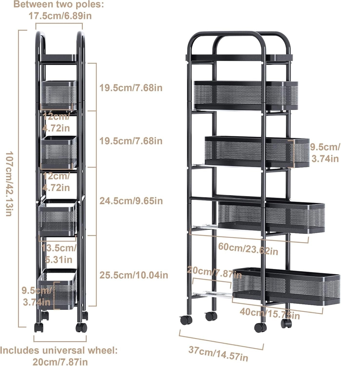 5 Tier Slim Rolling Kitchen Trolley Pull Out Storage Cart Black