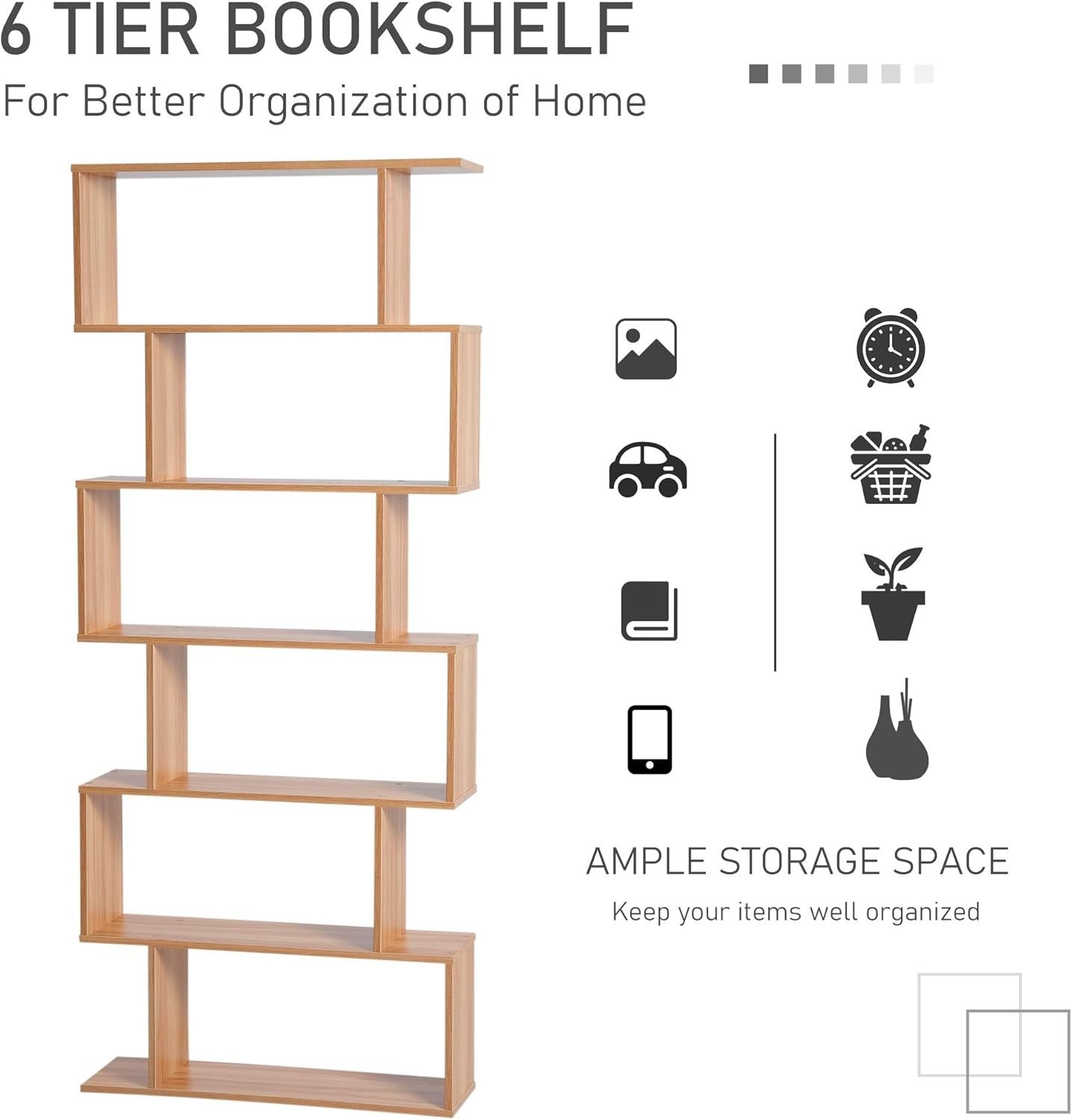 Modern S-Shape 6-Tier Bookcase Maple Wood Room Divider Display Shelf Unit