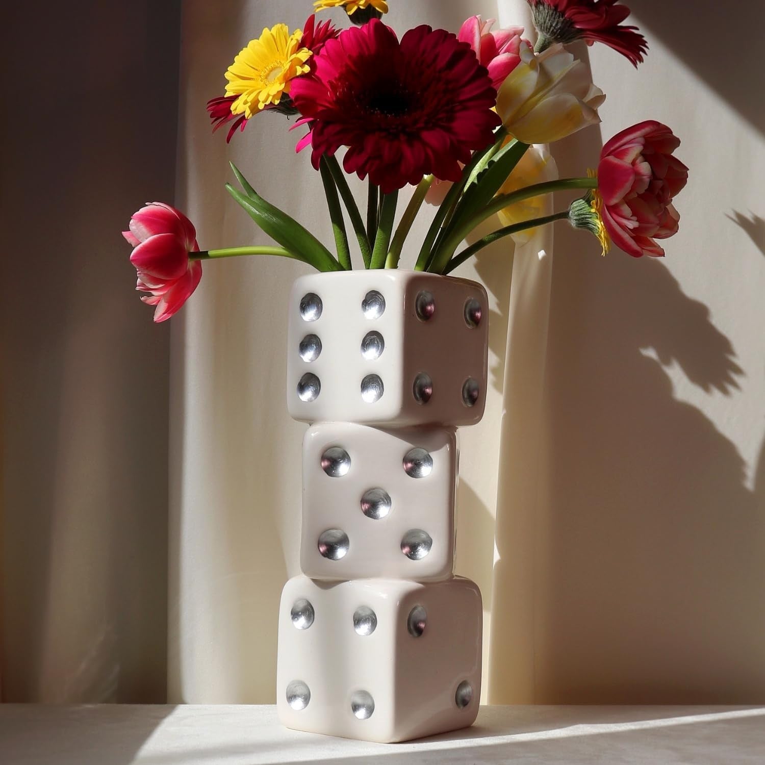 Dice Vase Ceramic Triple Stack White Silver Dot Modern Table Flower Decor