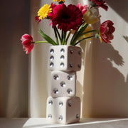 Dice Vase Ceramic Triple Stack White Silver Dot Modern Table Flower Decor