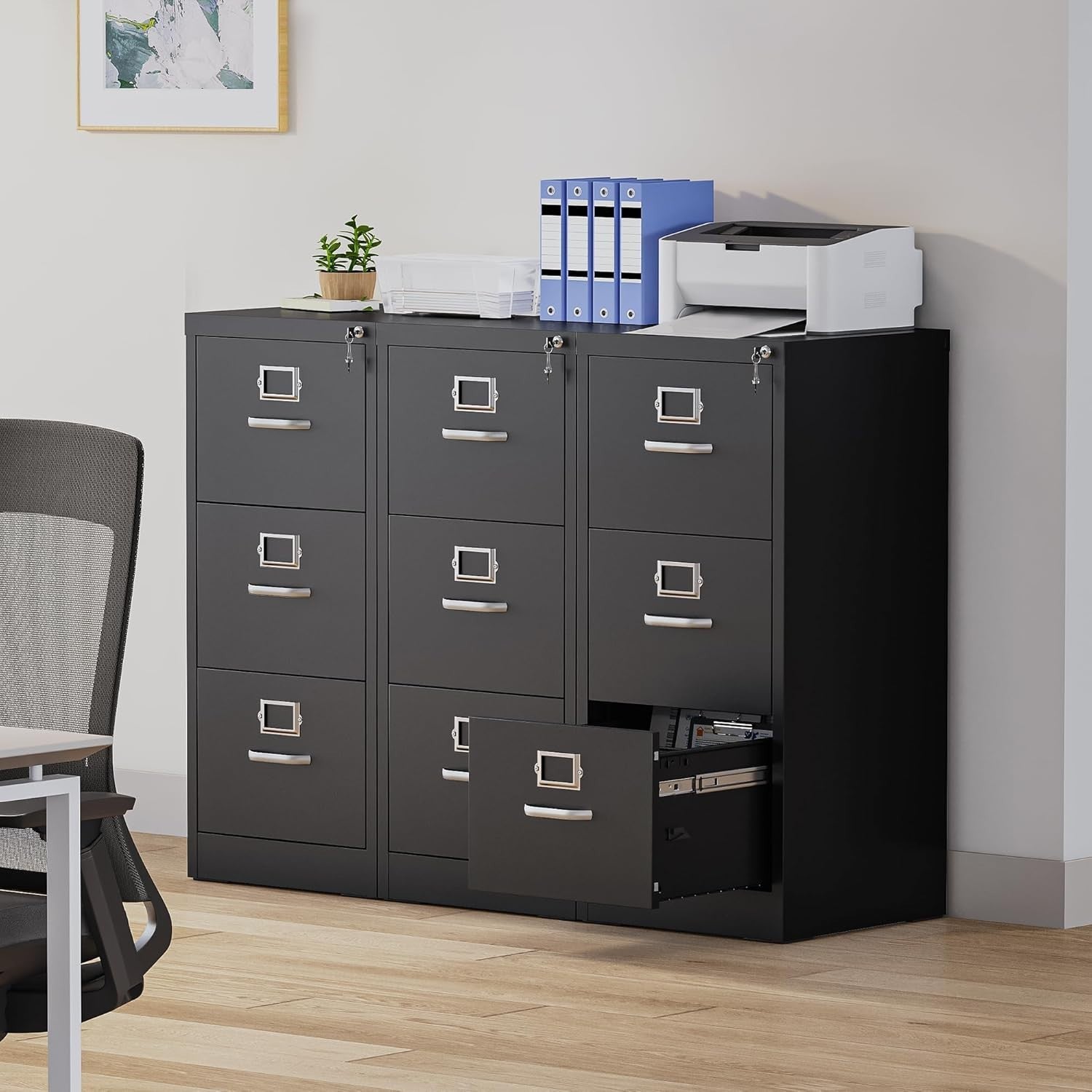 Black 3 Drawer Locking Steel Filing Cabinet Vertical A4 Legal Home Office Safe