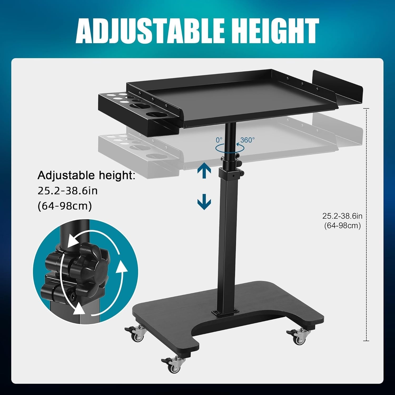 Adjustable Tattoo Workstation Rolling Tray with Wheels Heavy Duty Studio Table
