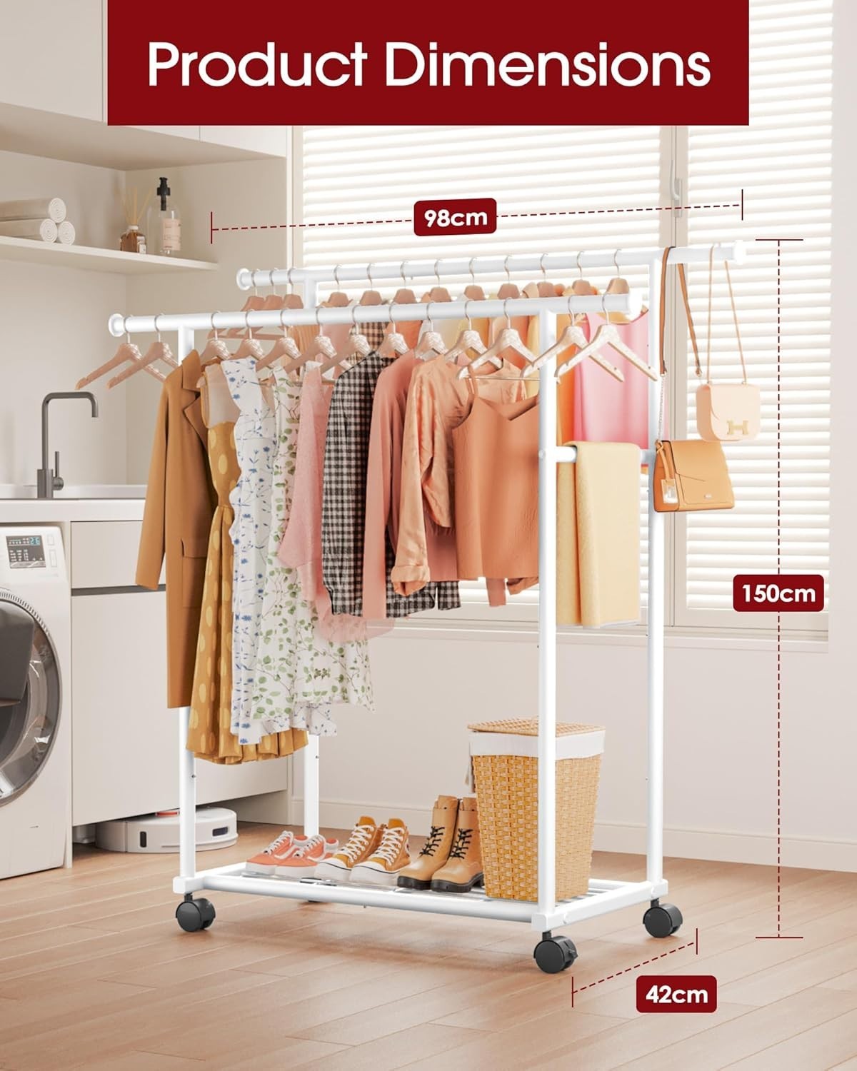 Double Rod Clothes Rail with Shelf & Wheels – White 150cm