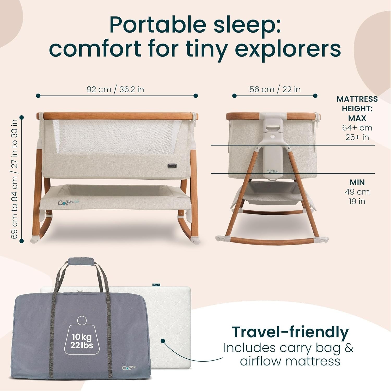 Foldable Baby Bedside Crib Co-Sleeper Cot with Mattress Travel Bag 2 Sheets