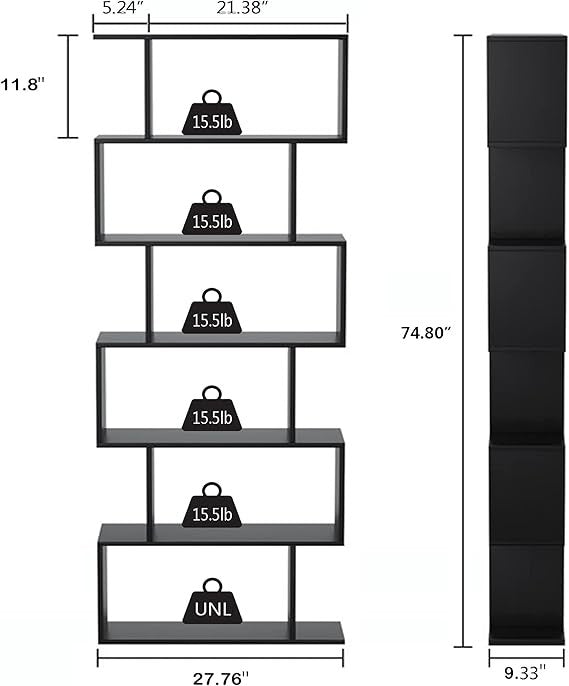 6-Tier S-Shaped Bookshelf Black | Tall Modern Display Shelf Unit for Home Office
