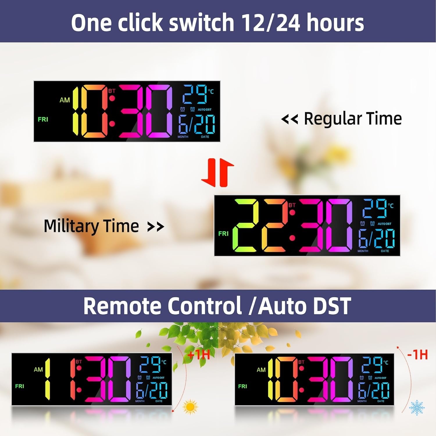 16.2 Inch Large Digital Wall Clock LED RGB Bluetooth Remote Temp Alarm