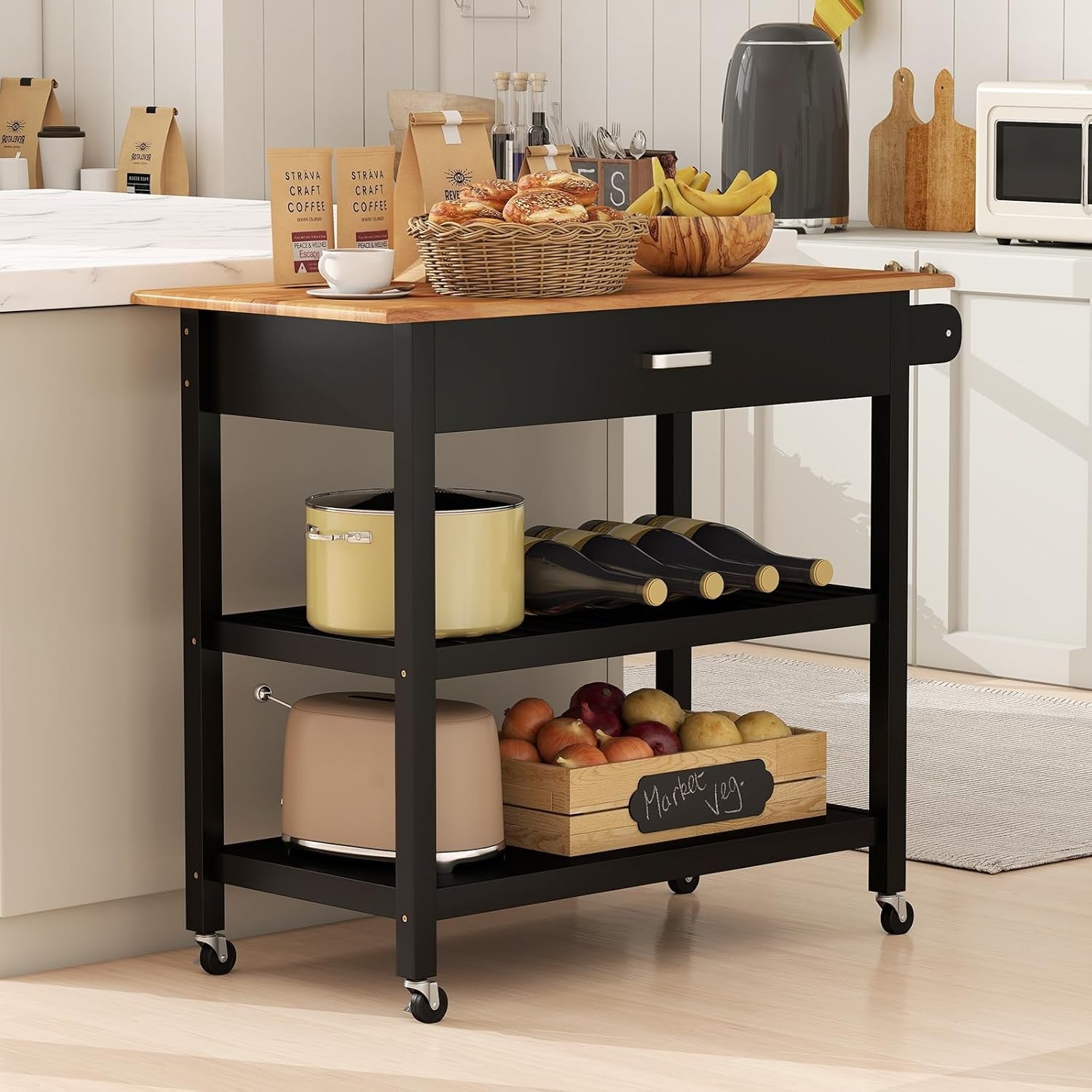 Kitchen Island Trolley Rolling Storage Cart Drawer Shelves Wood Top