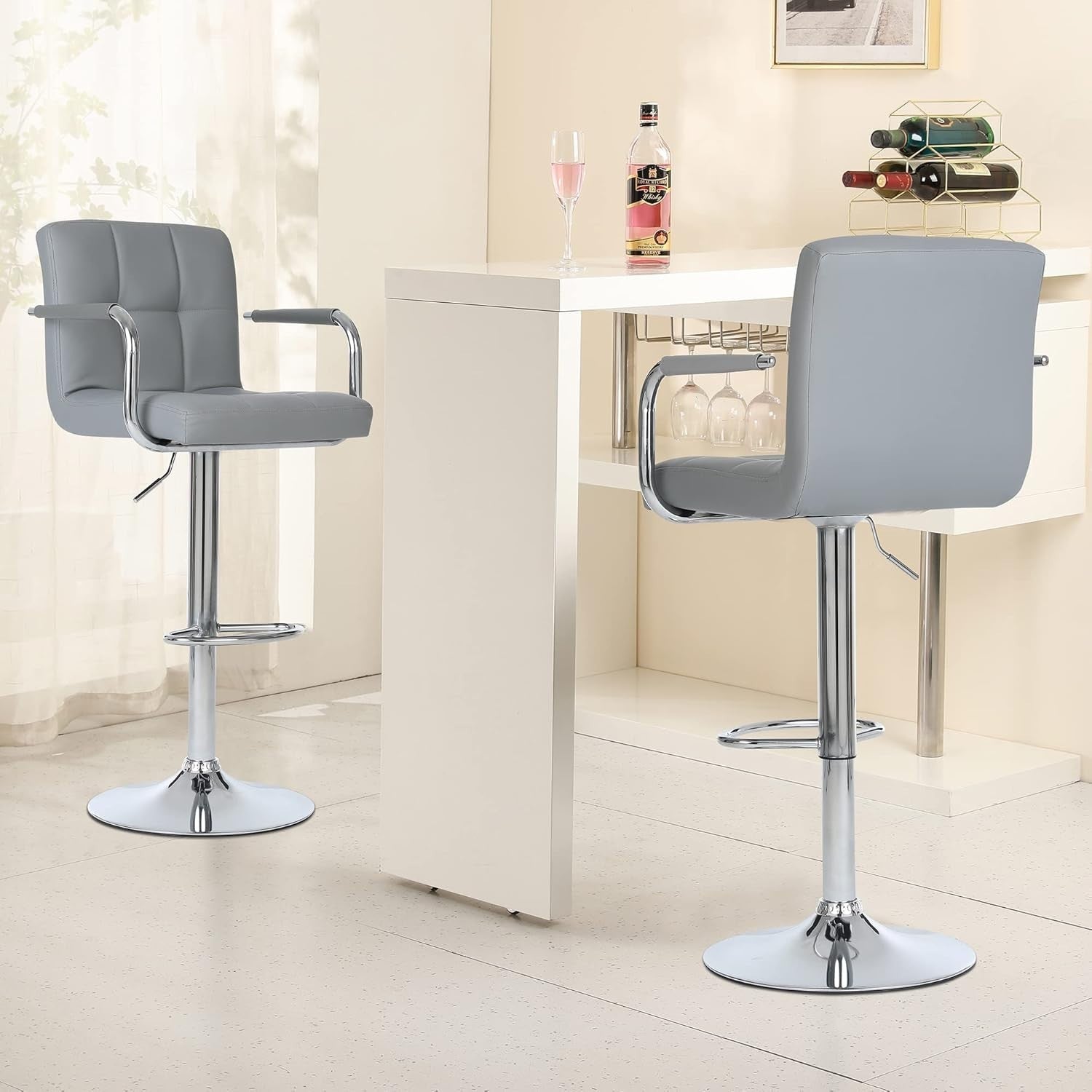 2PCS Silver Grey Adjustable Cuban Bar Stools PU Leather Arms