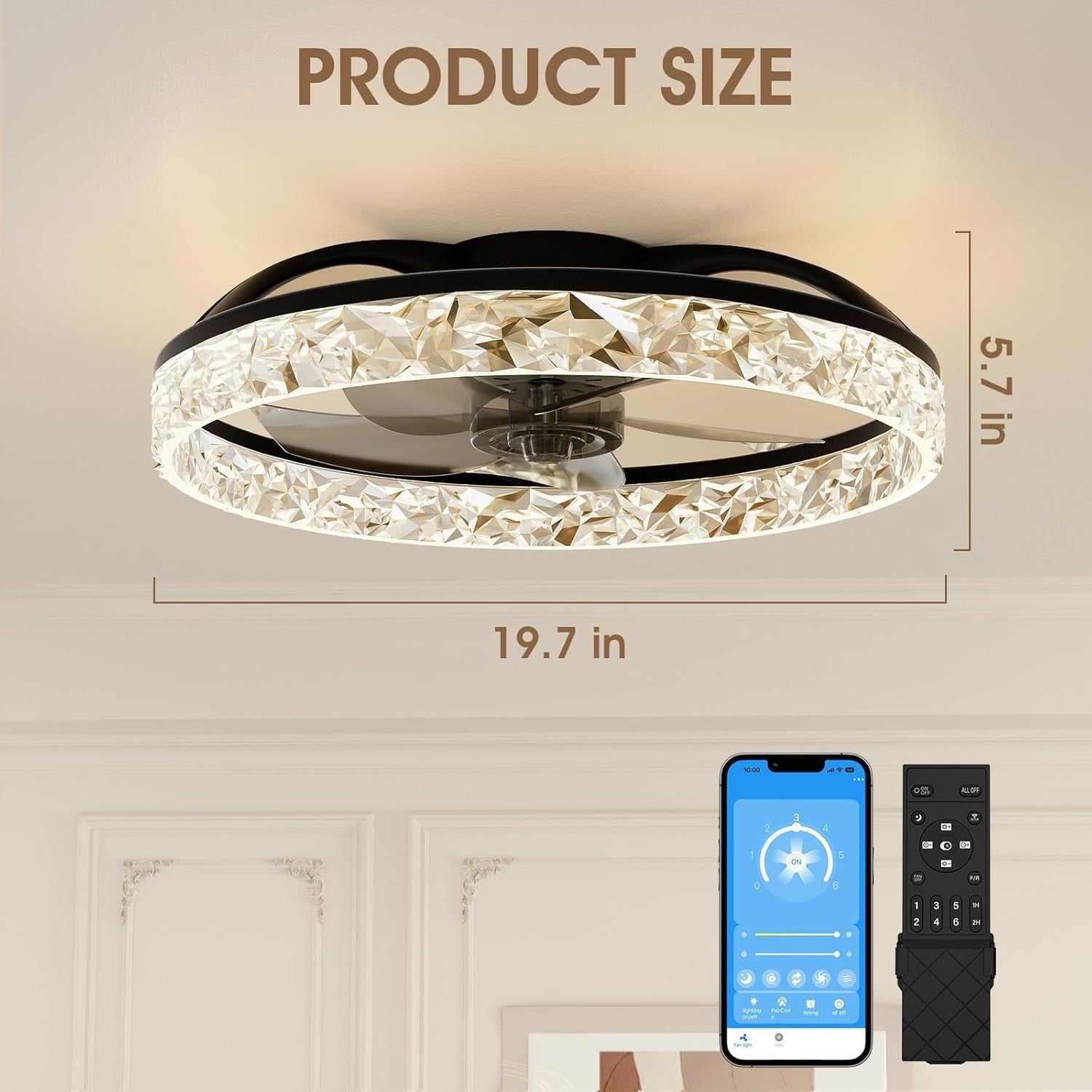 50CM LED Ceiling Fan Light, Remote & App Control, 6 Speeds, Black