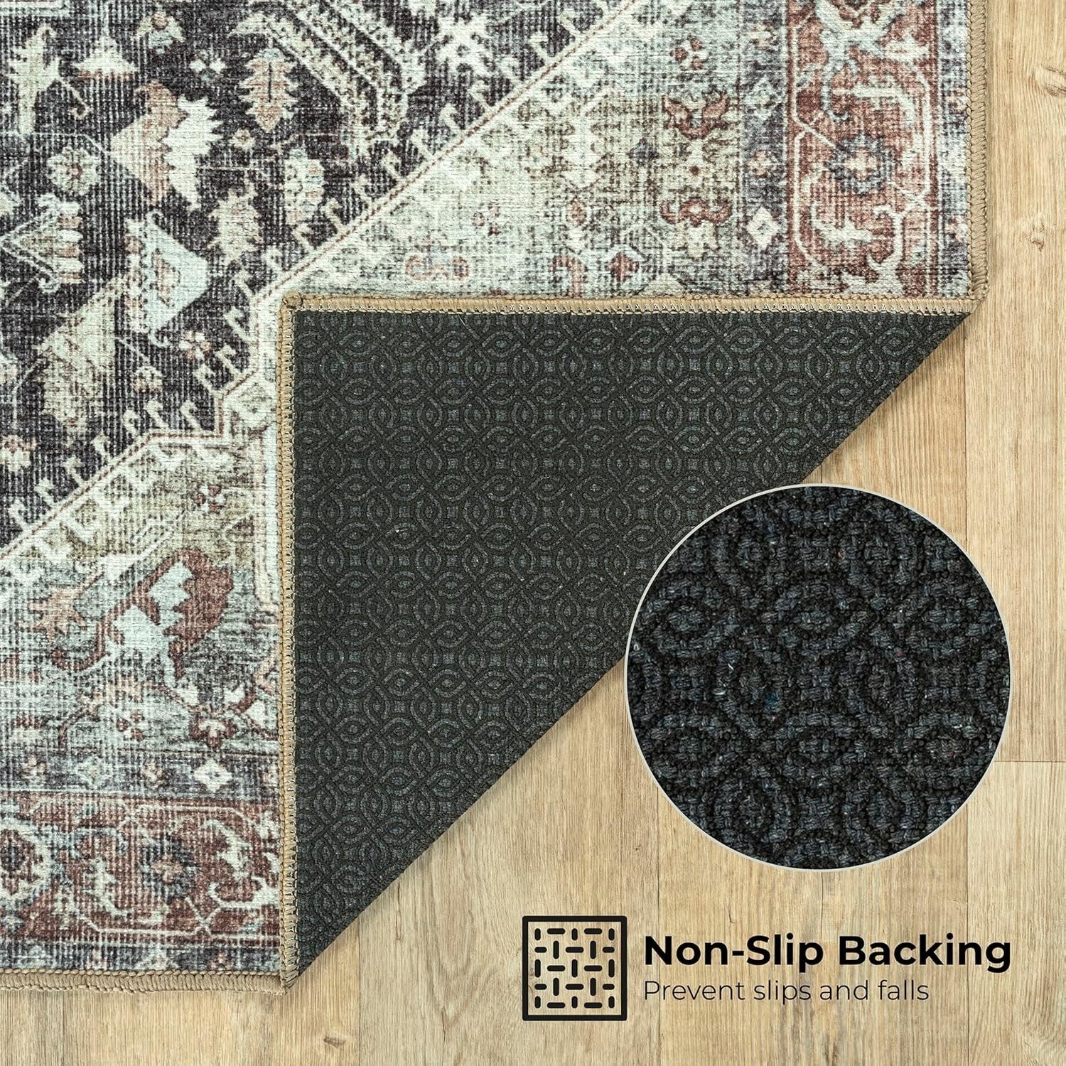 Washable Rug 122x170cm Non-Slip Short Pile Vintage Charcoal Sienna Carpet