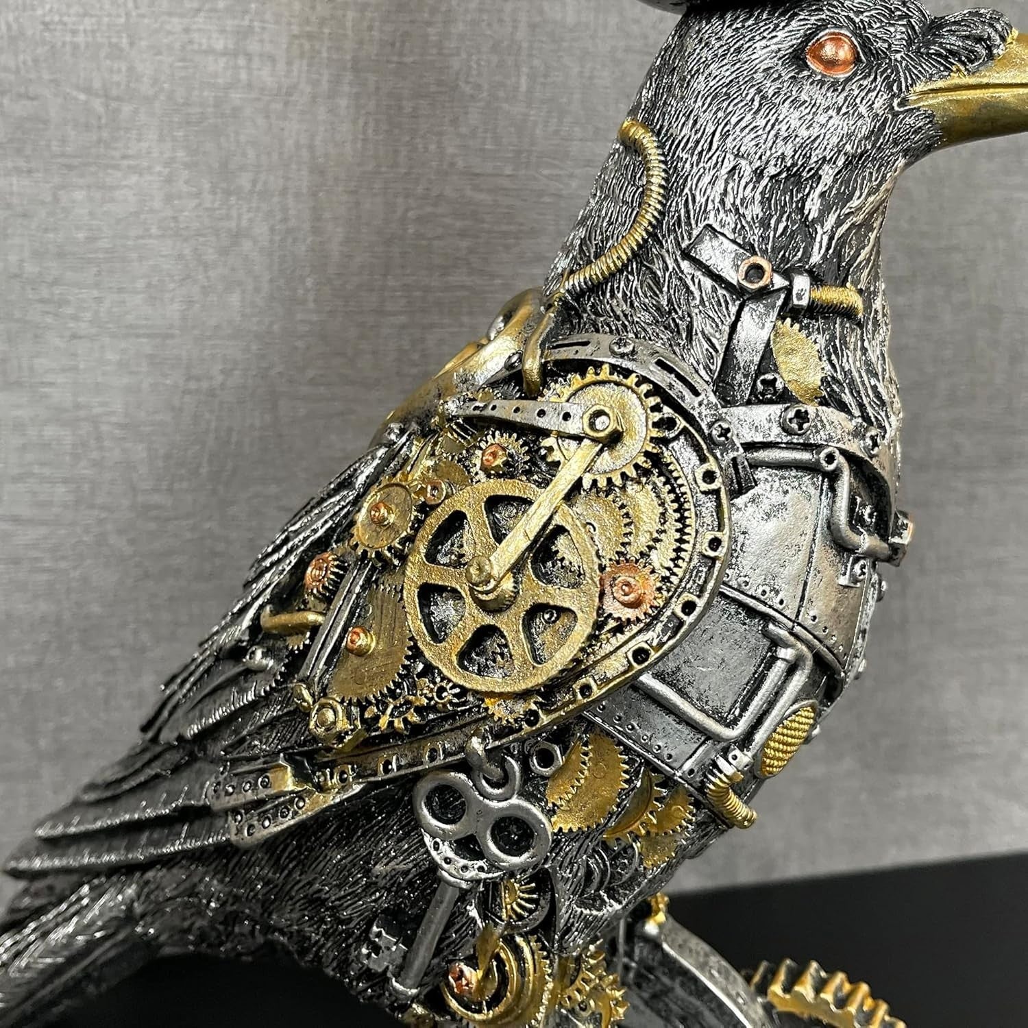 Steampunk Crow Ornament Industrial Silver Resin Gothic Bird Sculpture 27cm