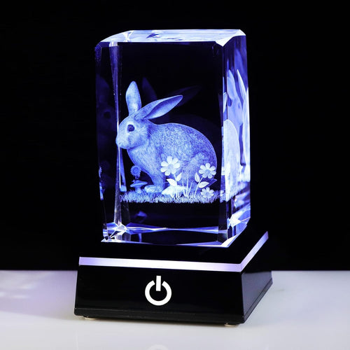 3D Crystal Rabbit Figurine with LED Base • Engraved Glass Bunny Night Light Gift