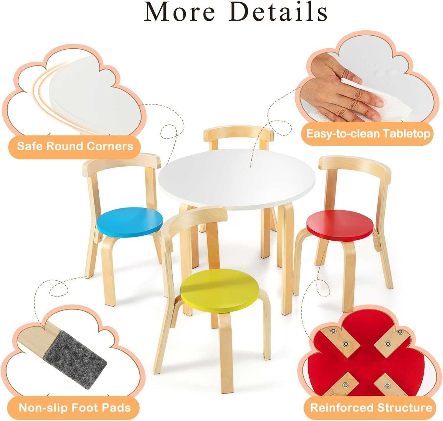 Kids Table and Chairs Set 5pc Wooden Round Playroom Furniture with 4 Stackable C