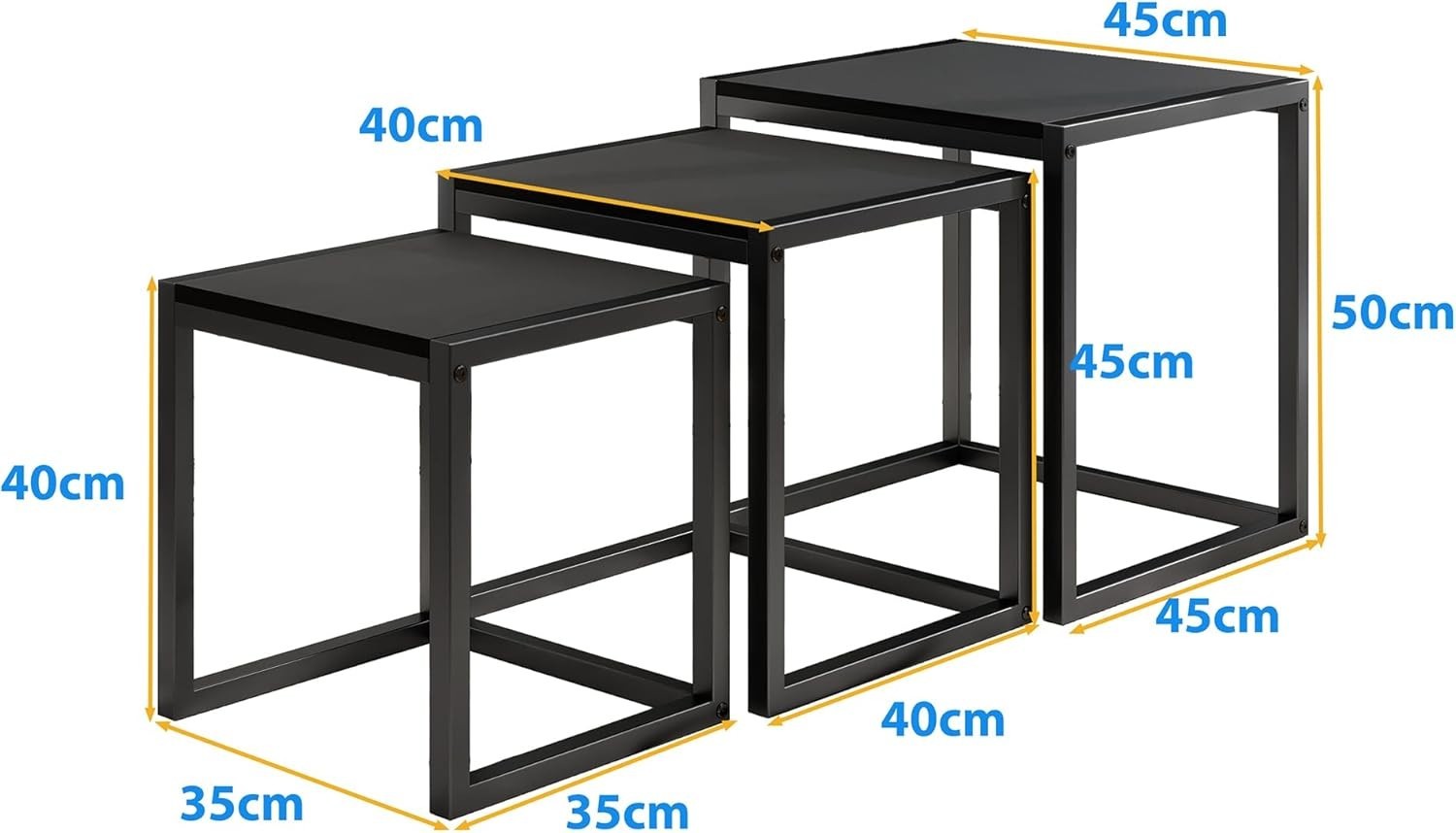 3pc Nesting End Side Tables Set Black Metal Legs Coffee Accent Stackable