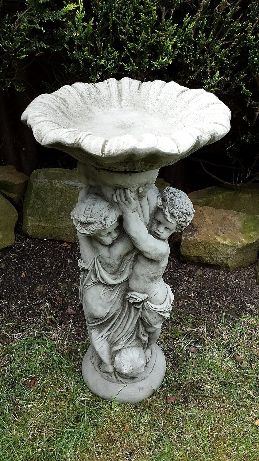 Twin Cherub Stone Bird Bath Feeder Ornament Garden Sculpture Antique Design