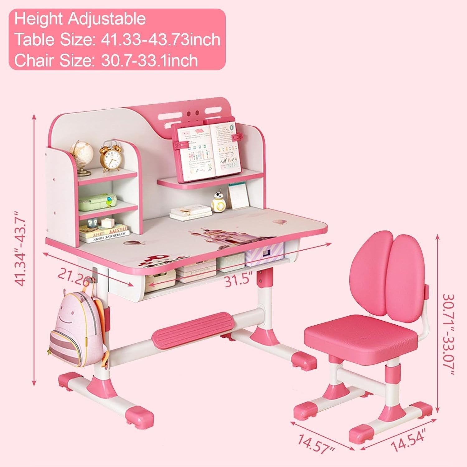 Adjustable Kids Study Table & Chair Set with Bookshelf, Drawer, Pink