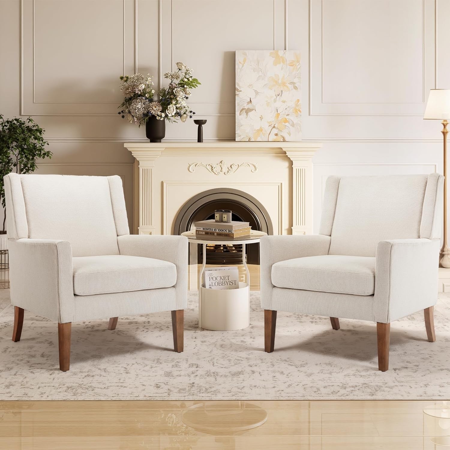 Beige Wingback Accent Armchairs Set of 2 Upholstered Wood Legs