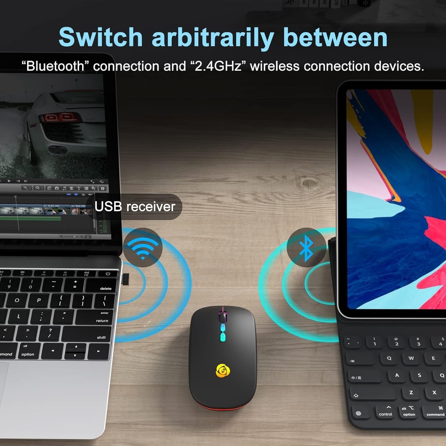 Wireless Bluetooth Mouse Rechargeable Silent RGB Type-C Black